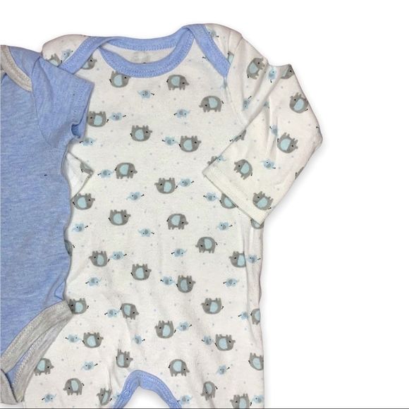 Baby Essentials 3-Piece Matching Set Blue Elephant Onesie & Pants, footies 3M - Picture 2 of 5